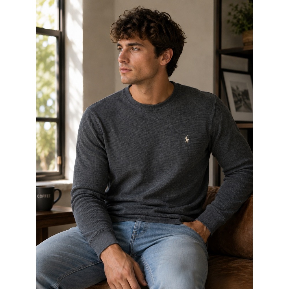 Polo Ralph Lauren Waffle Knit Thermal Long Sleeve Shirt Grey Logo Mens Small